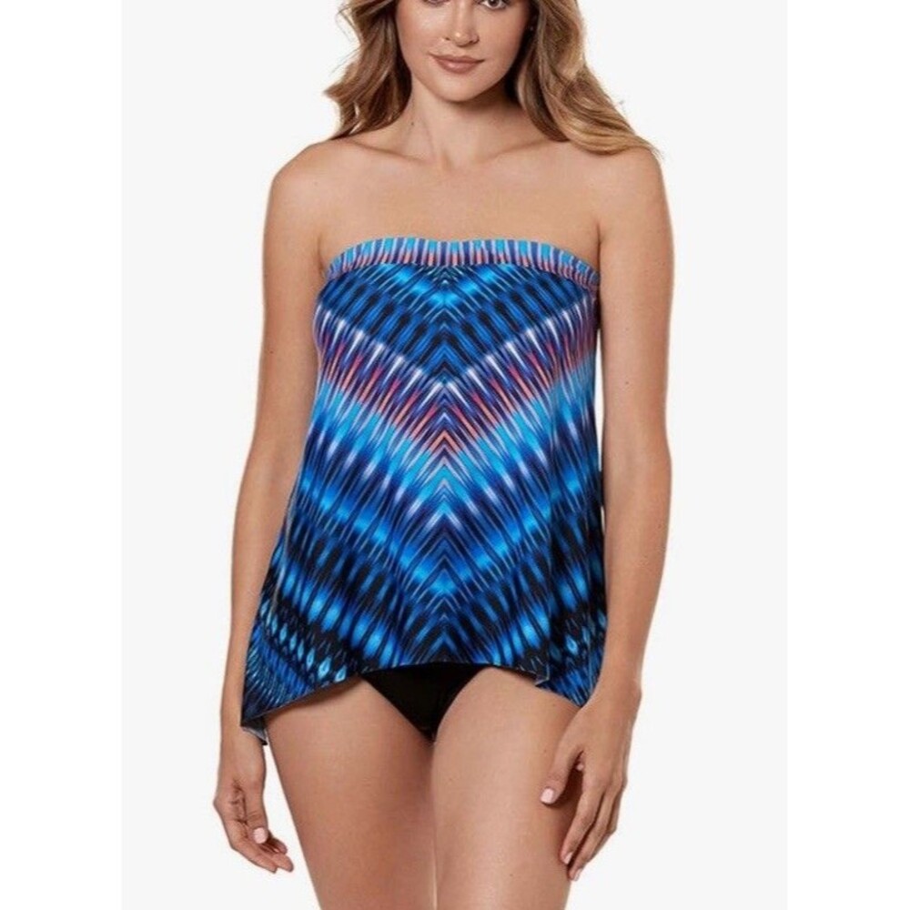 Miraclesuit Tankini TOP Bandeau Neckline Underwire Bra Removable Straps Blue NWT